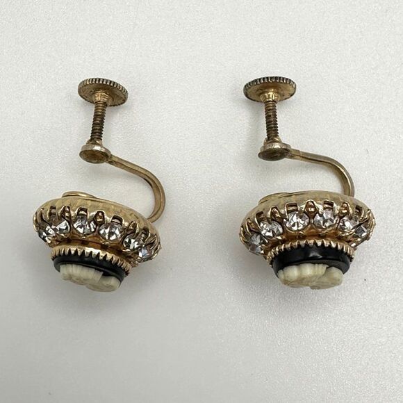 Vintage Black Cameo Rhinestone Costume Earrings Vargas Signed Gold Tone - Picture 4 of 6